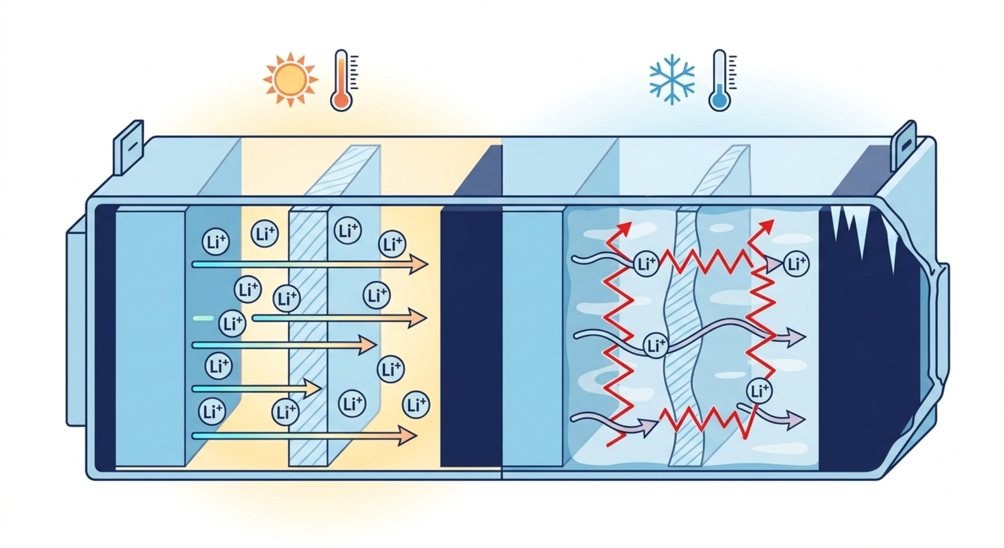 Querschnittsdiagramm einer prismatischen LFP-Zelle, das die Abnahme der Lithiumionenmobilität bei niedrigen Temperaturen zeigt