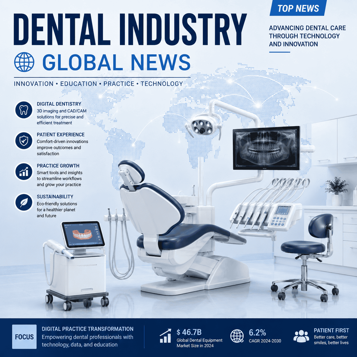 SYRJ Medical global dental industry news digest cover (July 25-27, 2026) showcasing a modern digital dental clinic operatory layout, featuring high-end dental chair upholstery and integrated clinical systems from a leading turnkey solution provider.