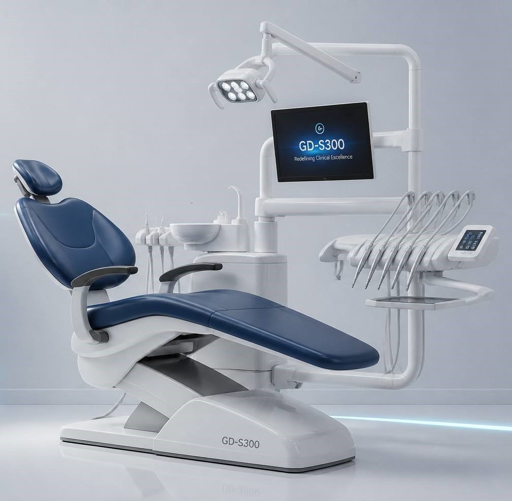 Global logistics visualization of a GD-S300 dental chair unit being prepared for rapid turnkey clinic deployment.