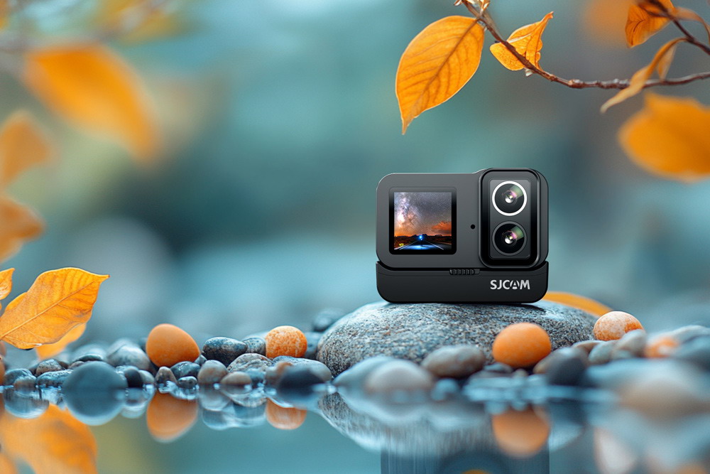 An SJCAM SJ20 Action Camera Placed on the Pebble Beach by the Lake