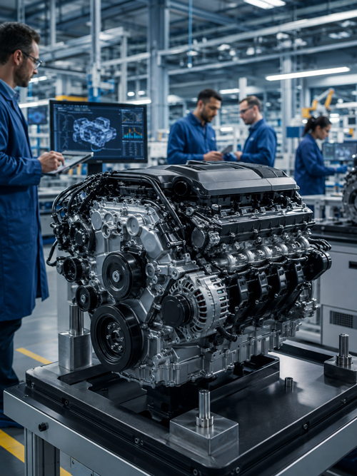 Automotive engine manufacturing and quality inspection in a modern factory reflecting global engine market growth in 2026