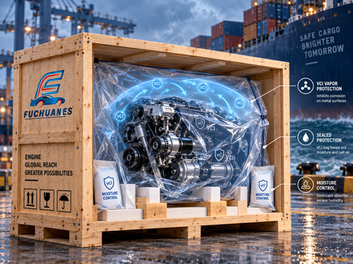 VCI rust protection and moisture-resistant packaging for engines during long-distance ocean freight