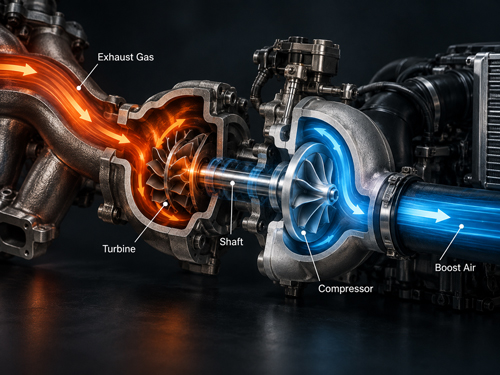How a turbocharger works showing exhaust gas driving the turbine and compressor to produce boost air