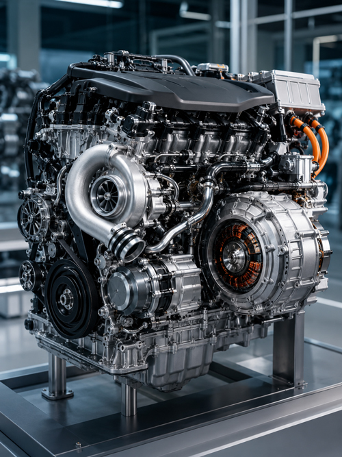 Advanced turbocharged hybrid-compatible automotive engine representing key powertrain technology trends in 2026