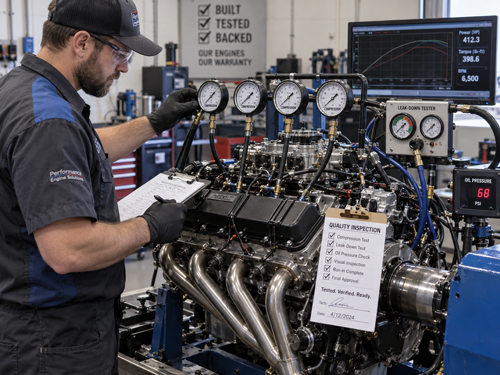 Replacement engine undergoing compression, leak-down and oil pressure testing before shipment