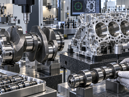 Precision inspection of Nissan VQ engine crankshaft, camshaft and aluminum cylinder block components