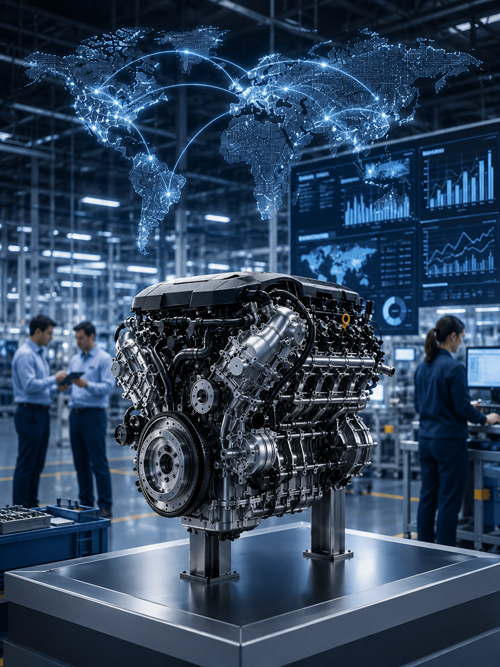 Custom automotive engine development and manufacturing in a modern factory with digital engineering and quality control systems