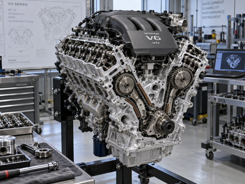 Nissan VQ Series 60-degree V6 engine cutaway showing aluminum construction and internal timing components