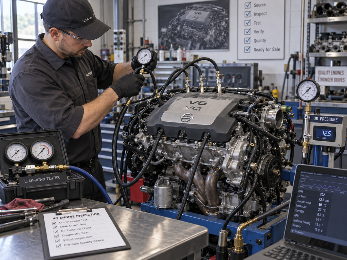Nissan VQ engine undergoing compression, leak-down and oil pressure testing before sale
