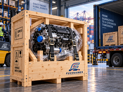 Engine secured in an ISPM 15 wooden crate for safe international export shipping from Guangzhou
