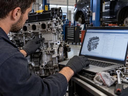 Technician checking VIN and engine bay identification data to confirm the correct replacement engine