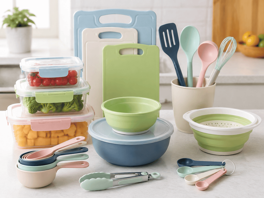 Various BPA-free plastic kitchen tools including food containers, cutting boards, measuring cups, and utensils.
