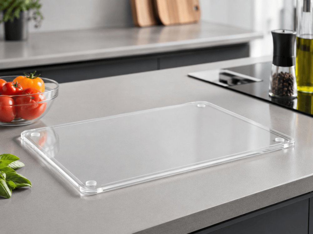clear plastic cutting board used in a modern kitchen