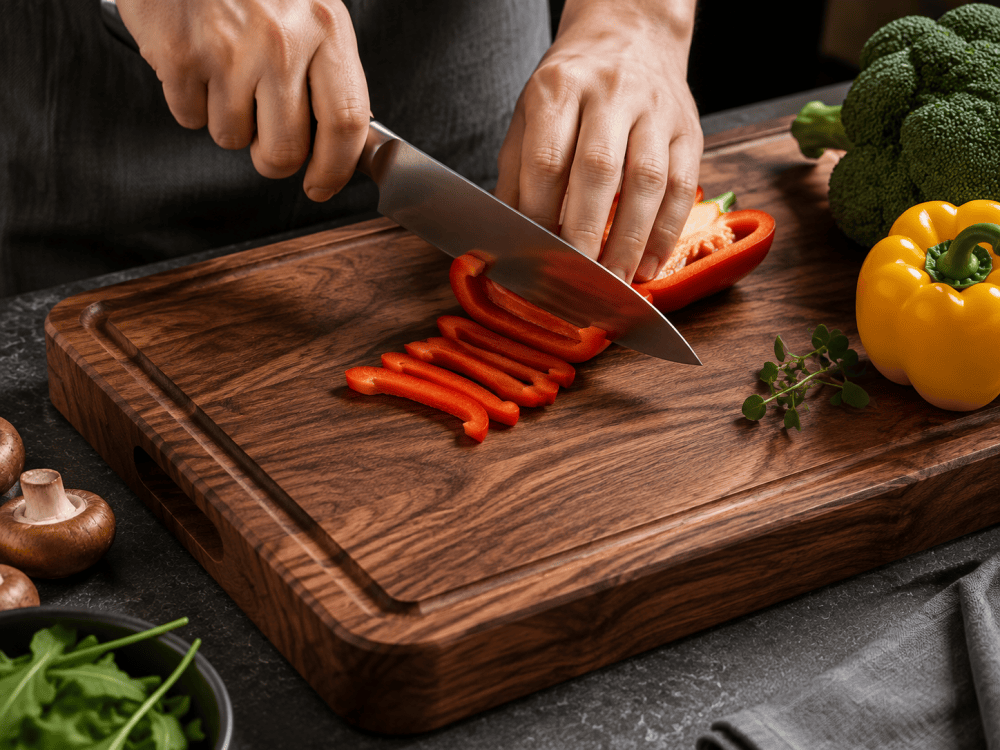Walnut cutting board used for everyday food preparation