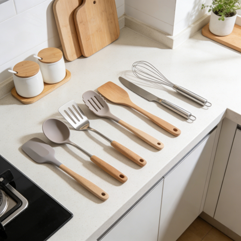 Modern kitchen countertop with non-toxic wooden, silicone, and stainless steel cooking utensils, bright natural light, clean minimal style