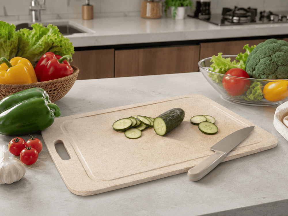 Wheat straw PP cutting board being used for everyday food preparation in a modern kitchen