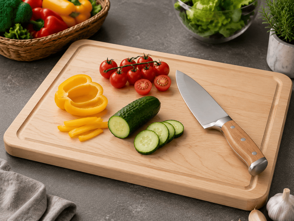 maple cutting board with kitchen knife and fresh vegetables
