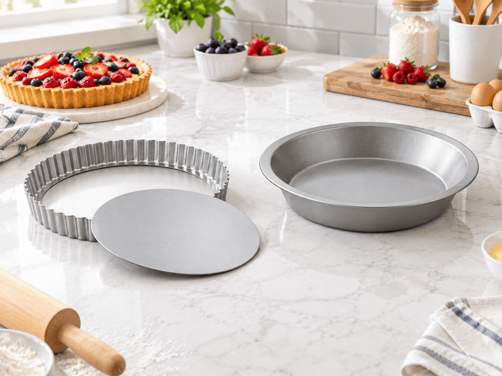 Tart pan vs pie pan showing differences in depth and side shape