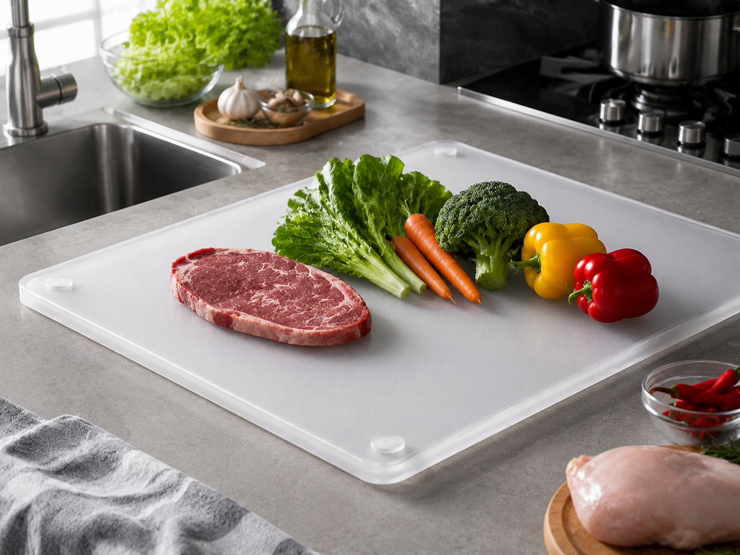 Large HDPE chopping board used for preparing vegetables and meat in a modern kitchen