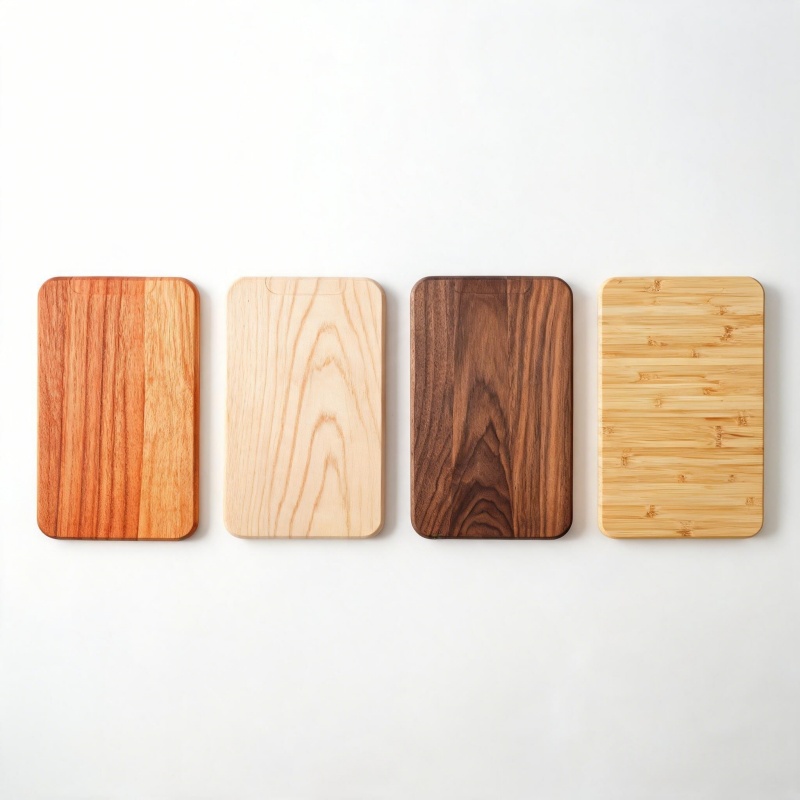 Four different wooden cutting boards (acacia / maple / walnut / bamboo) displayed side by side on a white background, showing natural wood grain and textures