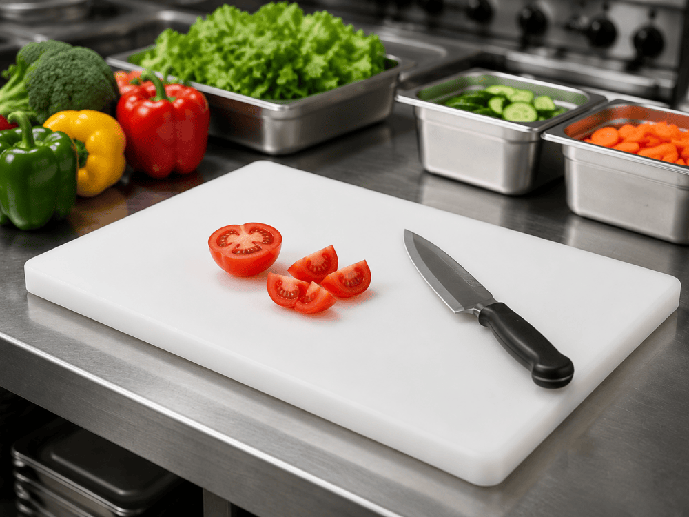 Commercial plastic standard cutting board for restaurant and food service use