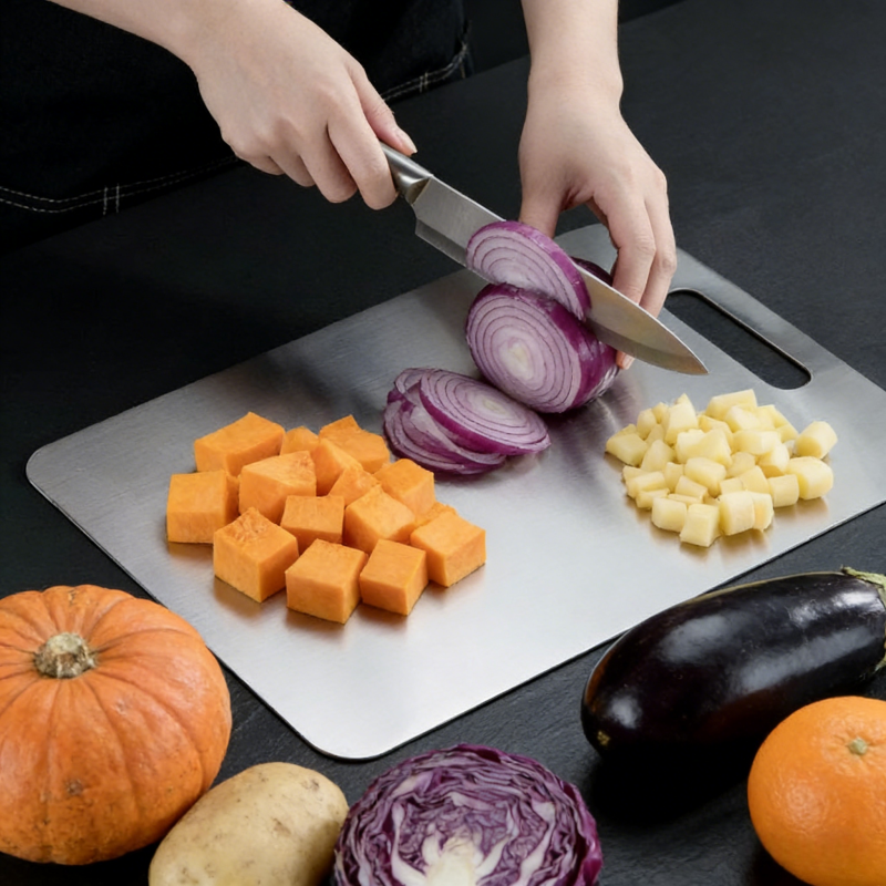 Stainless steel kitchen cutting board in use: home cook slicing fresh vegetables on a food-safe metal chopping block.