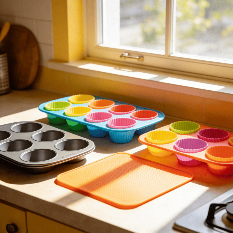 Food-grade silicone bakeware set in vibrant colors