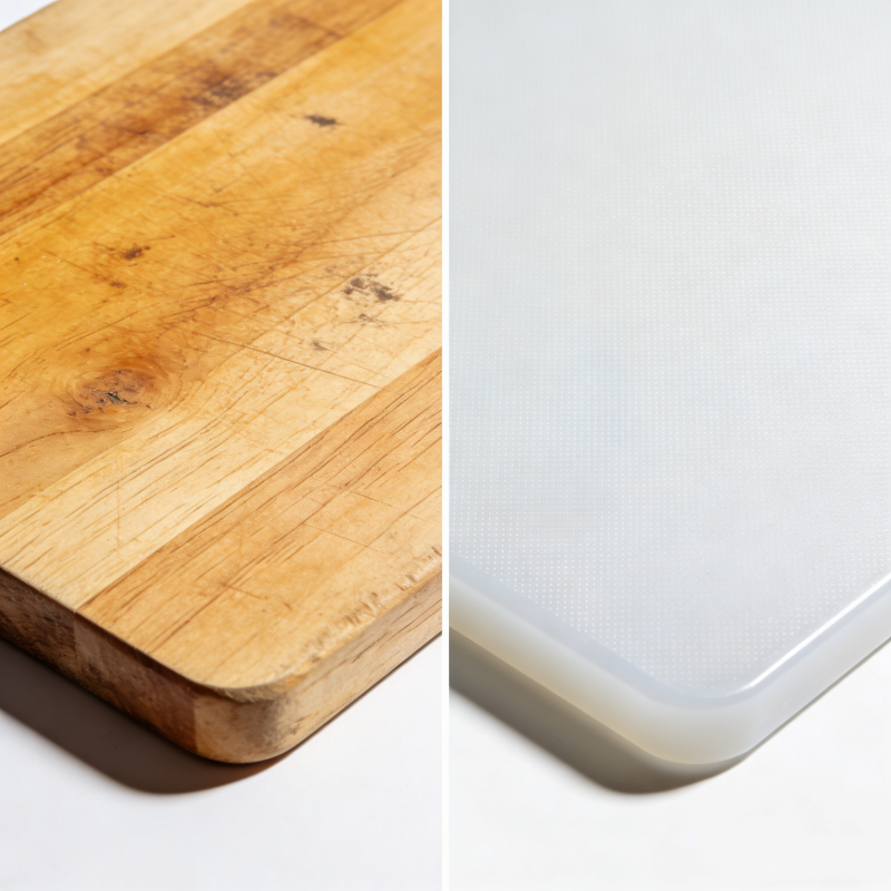 HDPE cutting board versus wooden cutting board comparison in a modern kitchen