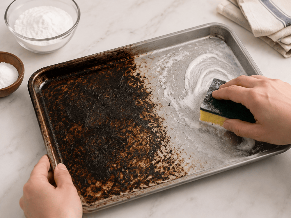 Cleaning a burnt cookie tray with baking soda and sponge