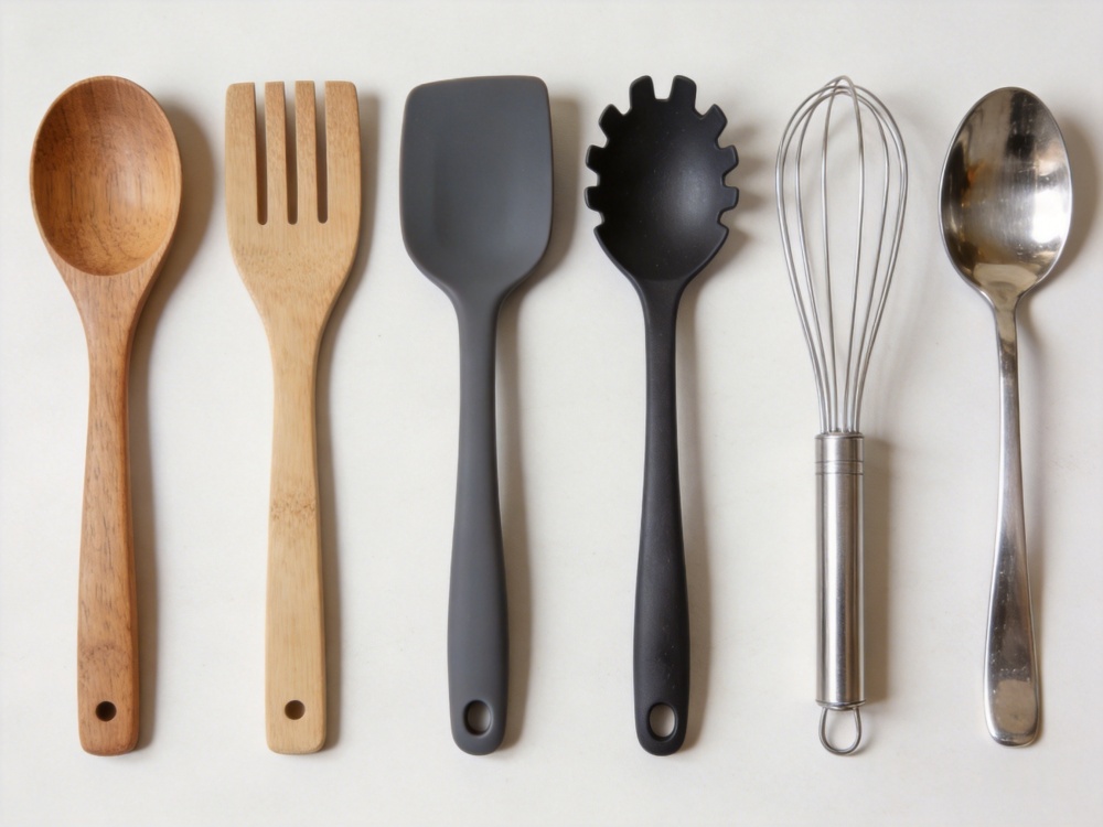 Comparison of wooden silicone and stainless steel kitchen utensils