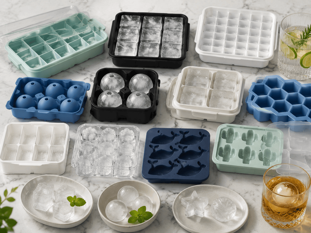 Different types of ice cube trays including cube trays, ice ball molds, and creative ice molds
