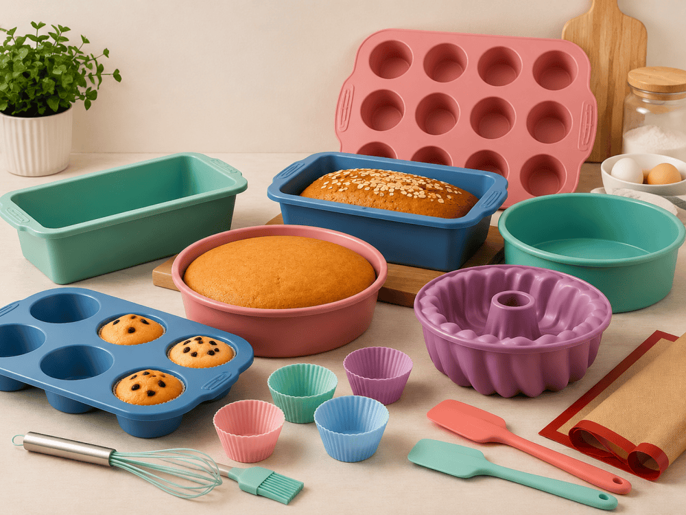 Food-grade silicone baking molds including muffin trays, loaf pans, cake molds and baking accessories.