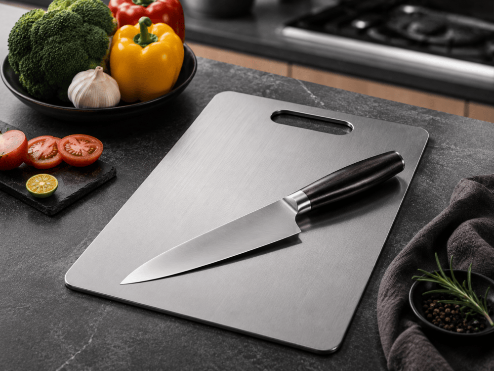 Titanium cutting board with chef knife for knife safety