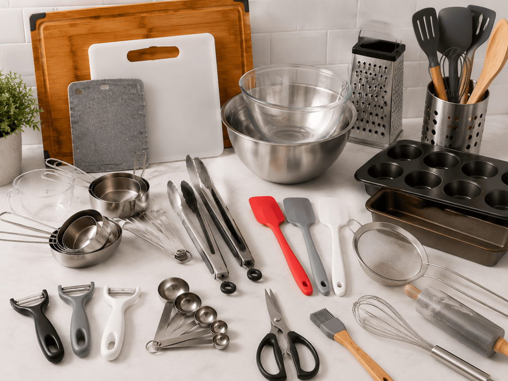 collection of useful kitchen gadgets including measuring cups, silicone spatulas, food tongs, peelers, cutting boards, mixing bowls and baking tools