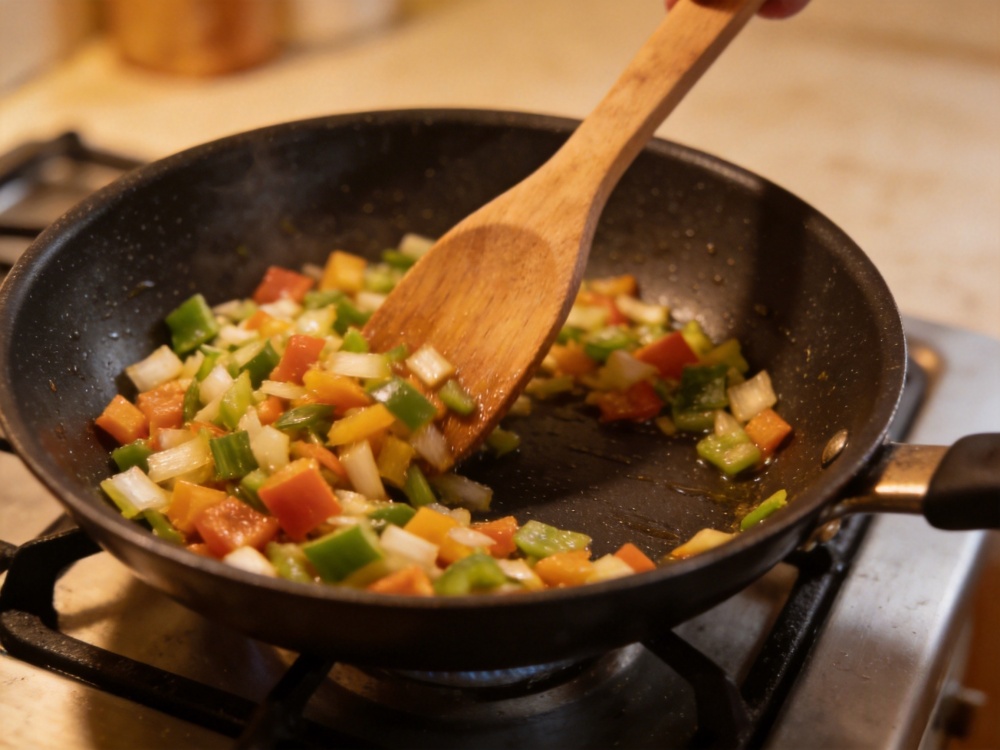 Wooden cooking utensil safe for non-stick cookware during meal preparation