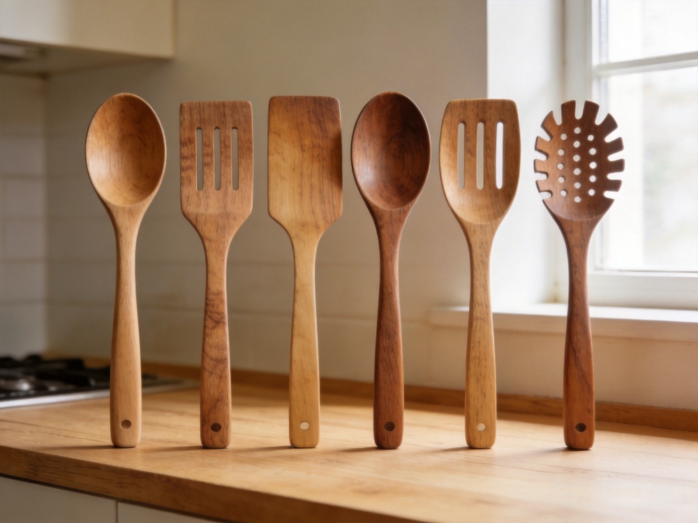 Different types of wooden kitchen utensils including spoon spatula slotted spoon and pasta server