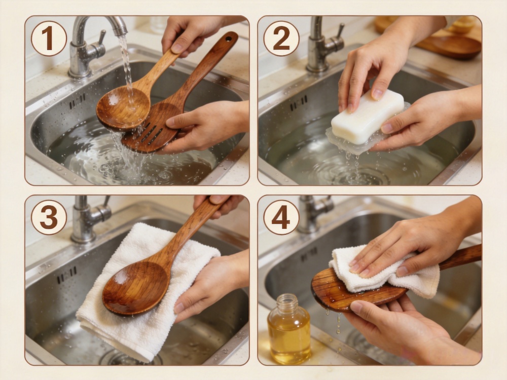 How to clean wooden kitchen utensils step by step