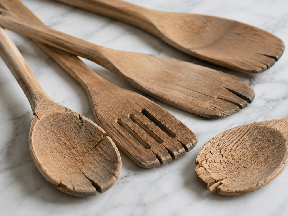 cracked wooden kitchen utensils showing damage caused by dryness and improper care