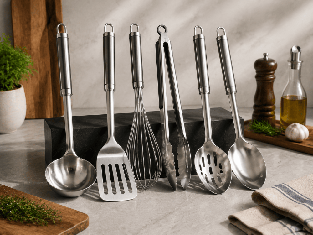 Premium stainless steel kitchen utensils including ladle, spatula, whisk, tongs, slotted spoon and serving spoon
