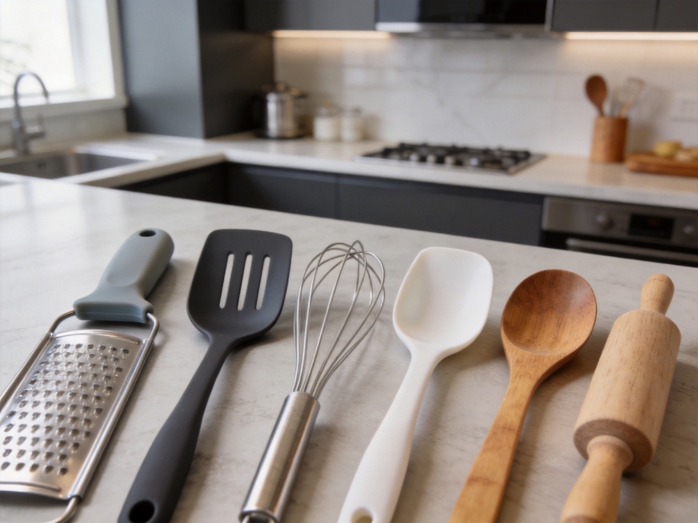 Collection of food-grade silicone, stainless steel, BPA-free plastic, and wooden kitchen utensils arranged on a modern kitchen countertop.