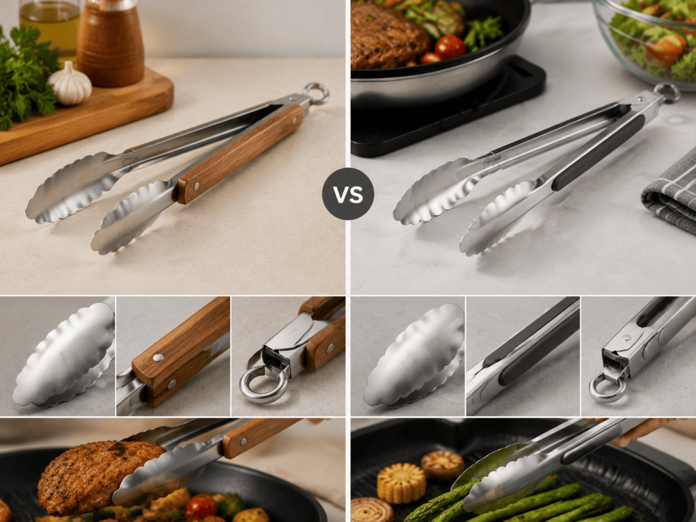 wooden handle kitchen tongs and stainless steel handle kitchen tongs comparison