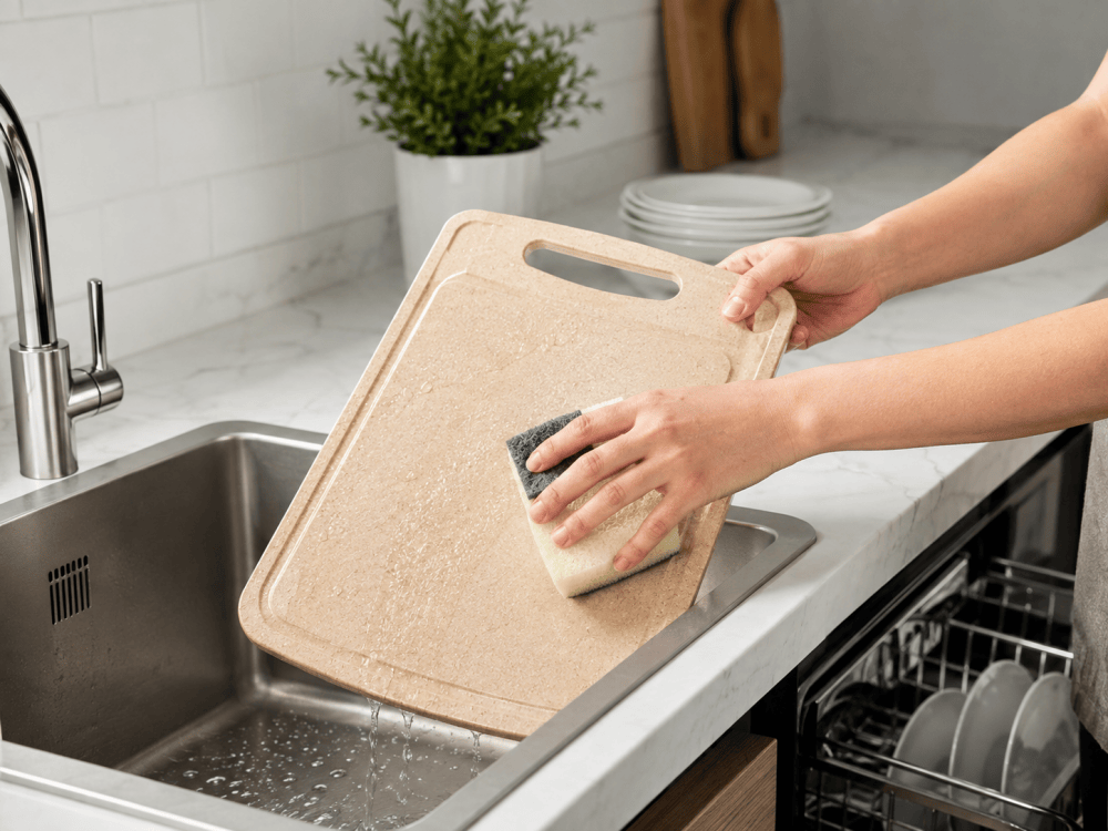 Wheat straw PP cutting board being cleaned in a kitchen