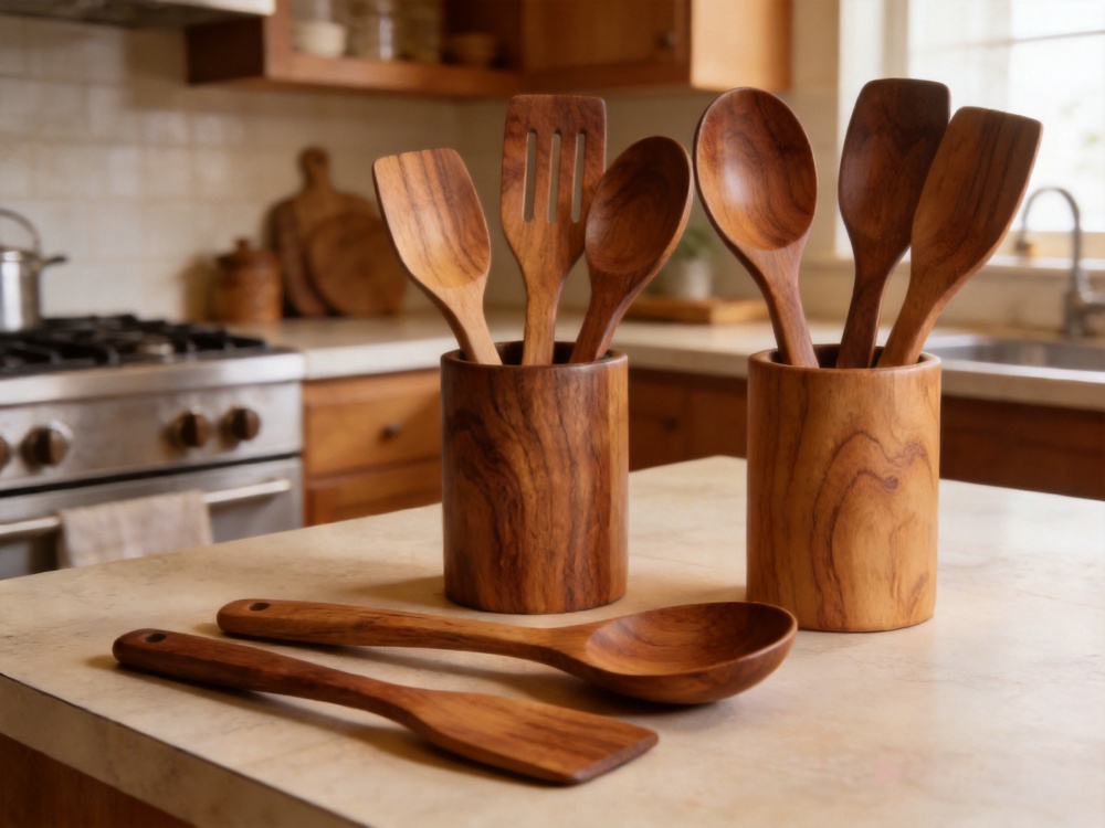 Acacia wood kitchen utensils set on kitchen countertop