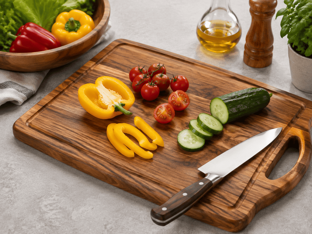 Acacia wood cutting board with knife and vegetables