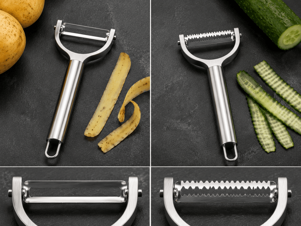 straight blade vs serrated vegetable peeler comparison showing different blade designs