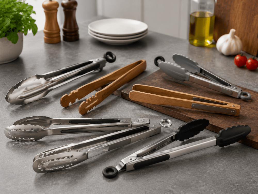 Various cooking tongs including stainless steel, wooden, and silicone kitchen tongs displayed on amodern kitchen countertop.