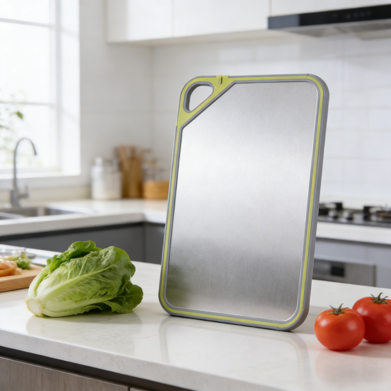 Stainless steel cutting board on kitchen counter