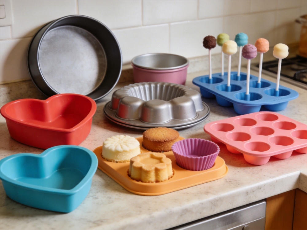 A variety of cake molds are beautifully displayed on the kitchen countertop, including heart-shaped, round, silicone, and lollipop cake molds. The colorful silicone molds of different shapes are showcased together, creating a clean baking kitchen environment.