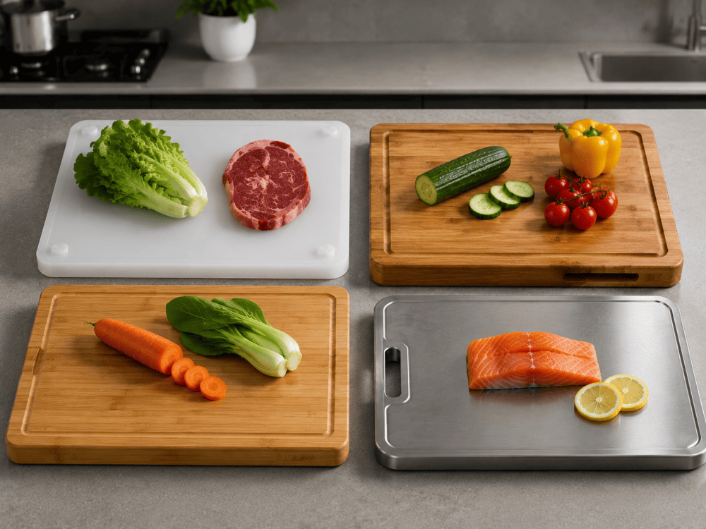 comparison of large HDPE, wood, bamboo and stainless steel chopping boards