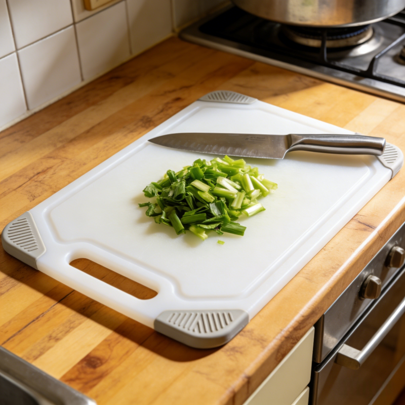 Food-grade HDPE cutting board used in a professional kitchen